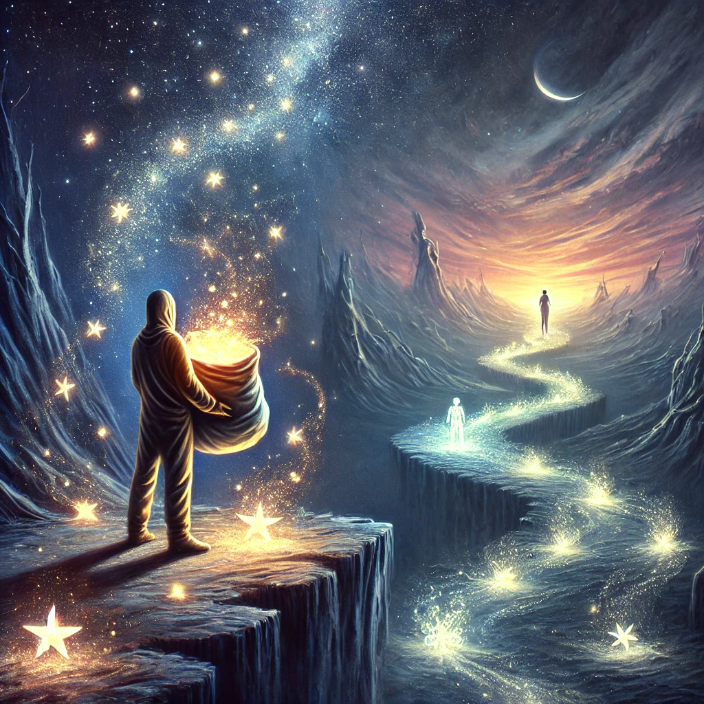 A surreal scene where a figure stands at the edge of a cliff, holding a bag from which glowing moments, represented as stars and memories, spill